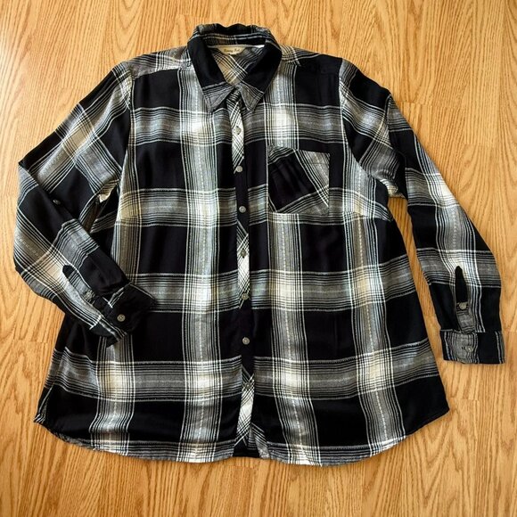 Krazy Kat Womens Black/White Plaid Button-Up Shirt Size 1X Long Sleeve Collar - Picture 3 of 11